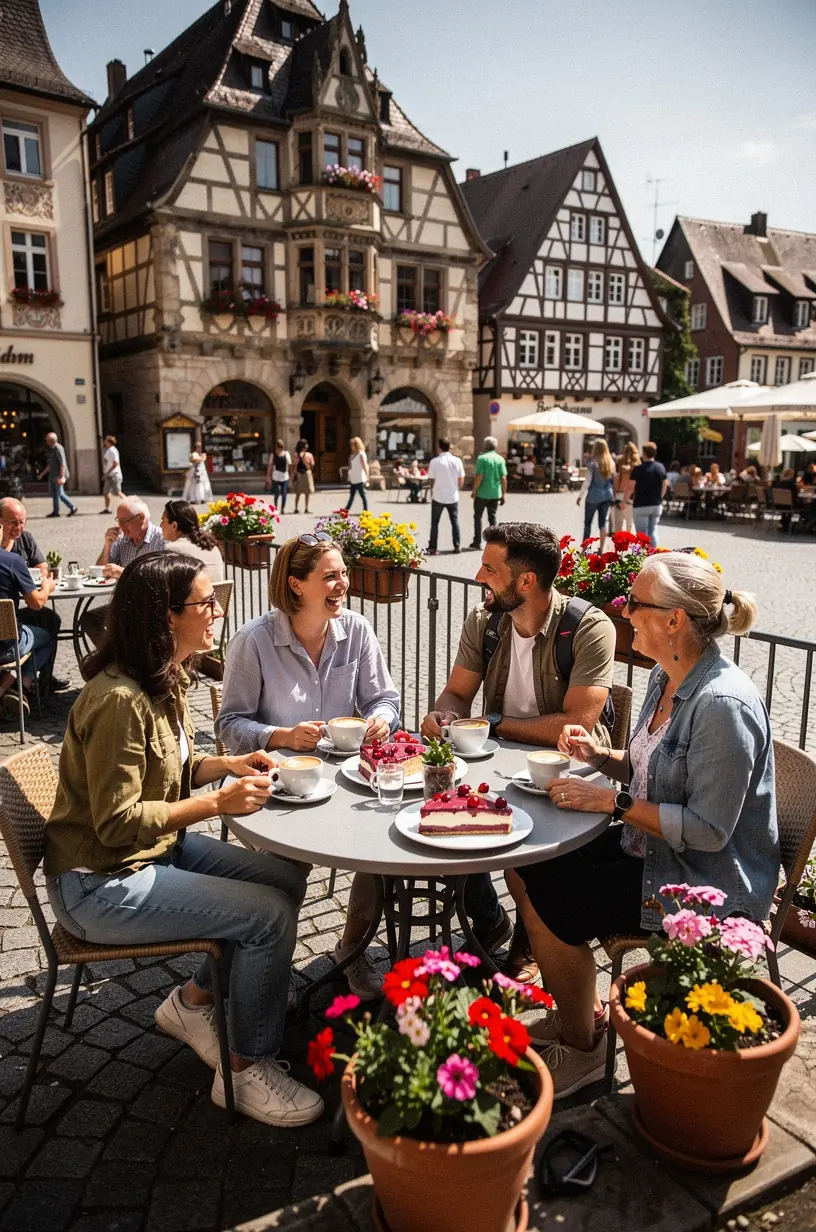 Schmale Kopfsteinpflasterstraße, die durch ein historisches Dorf mit alten Steinbrücken und Fachwerk führt.